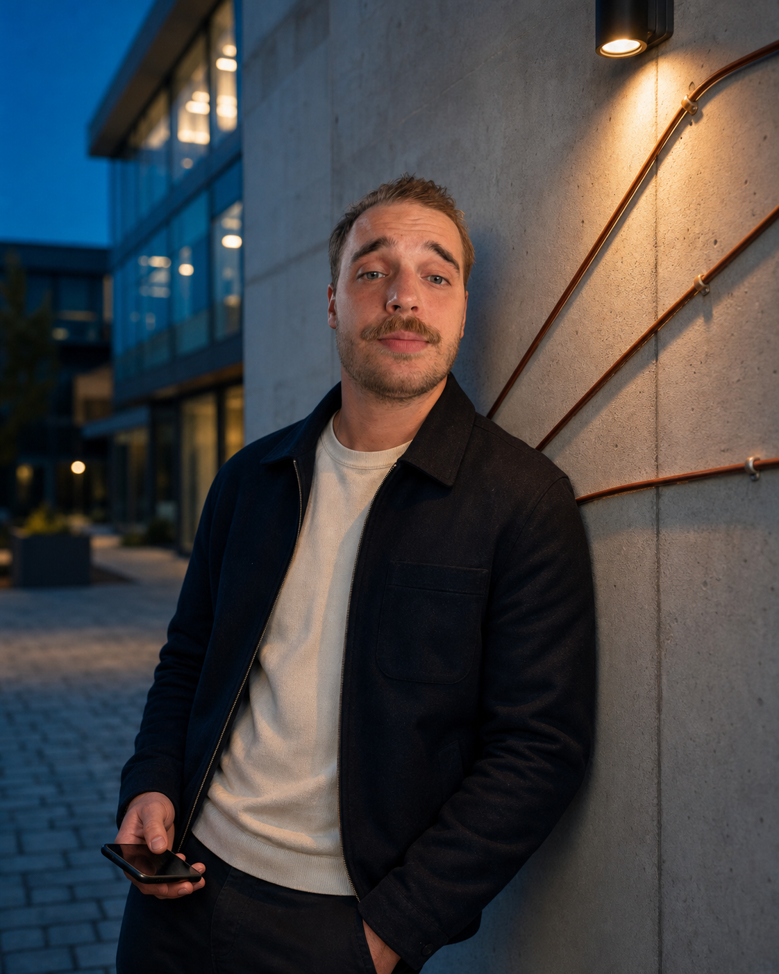 Porträtt av David Molin utanför en modern byggnad